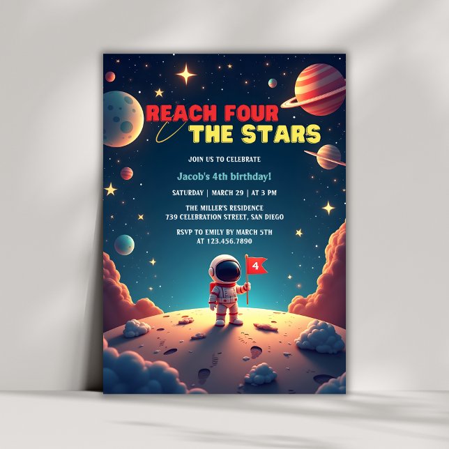 Convite Space Stars Astronauta Boy 4º aniversário (Reach Four The Stars Astronaut Boy 4th Birthday Invitation)