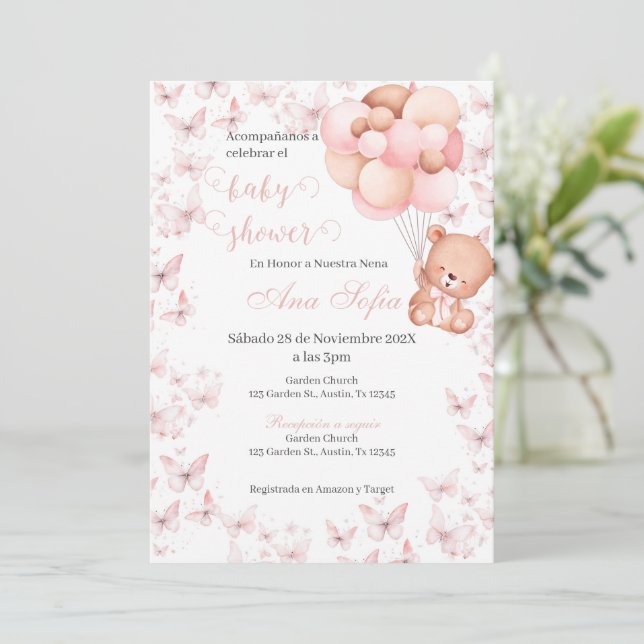 Convite Spanish Baby Shower Invitation Pink Bear Girl (Em pé/Frente)