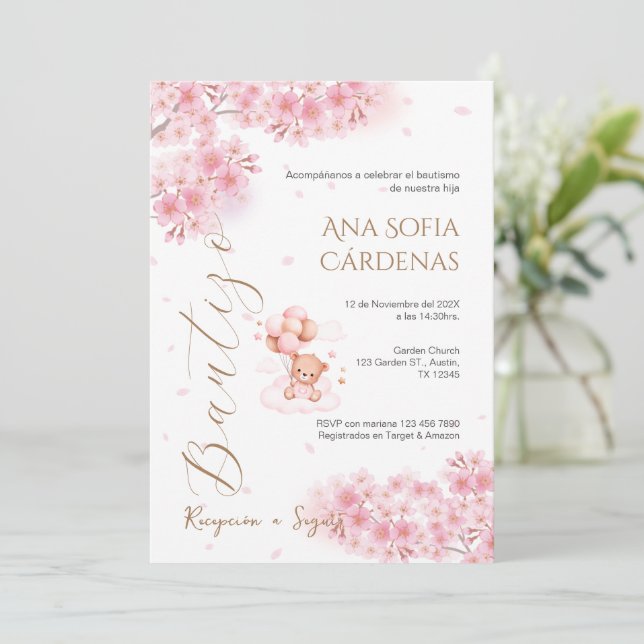Convite Spanish Baptism Girl invitation pink (Em pé/Frente)