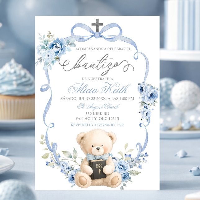 Convite Spanish Blue Bear Baptism Bow Coquette Invitation (Criador carregado)