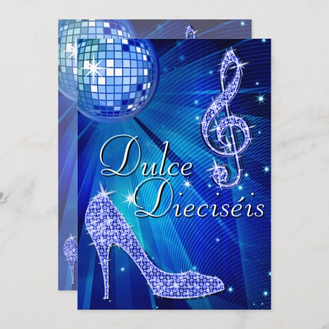Convite Spanish Blue Disco Ball & Sparkle Heels Sweet 16 (Frente/Verso)