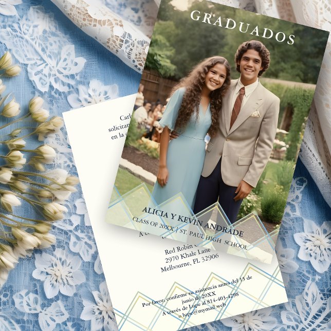 Convite Spanish Blue Shades Overlay Vellum Shapes Photo  (Spanish Blue Shades Overlay Transparency Shapes Photo Graduates Invitation Card with Envelope.)