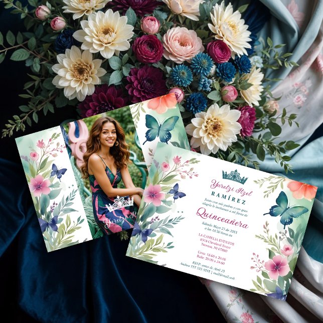 Convite Spanish Charming Sweet Floral Garland Butterflies (Spanish Charming Sweet Floral Garland & Butterflies Photo Mis XV Años Teal & Hot Pink Invitations.)