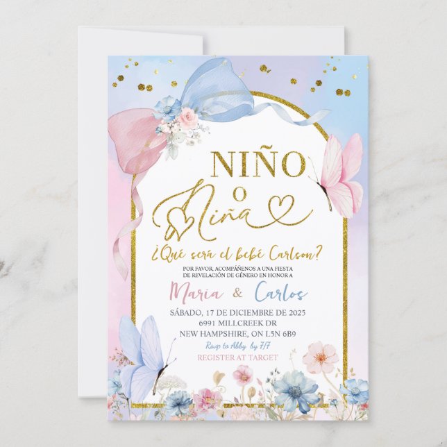 Convite Spanish Coquette Blush Nino o Nina Gender Reveal (Frente)