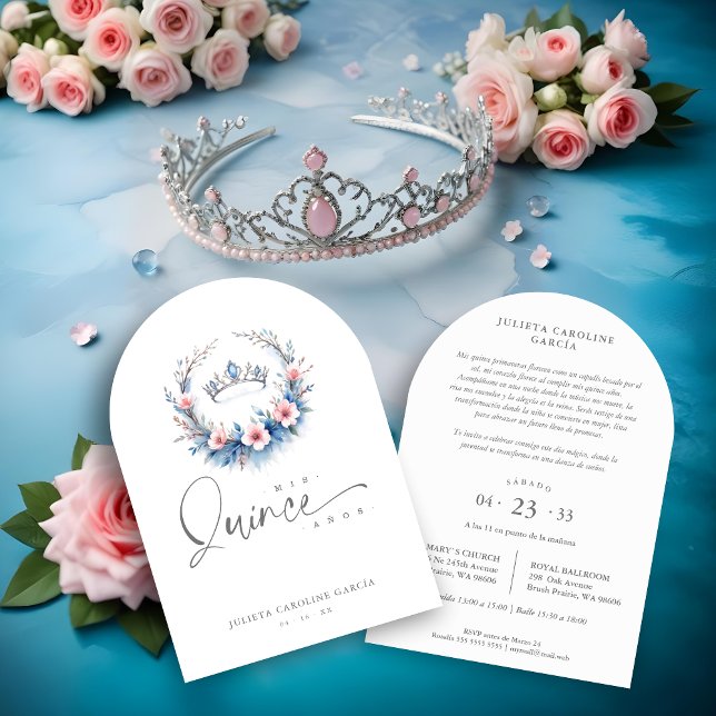 Convite Spanish Cute Blue Pink Floral Quinceañera Tiara (Spanish Cute Blue & Pink Floral Wreath Quinceañera Invitations Cards with Tiara Design.)