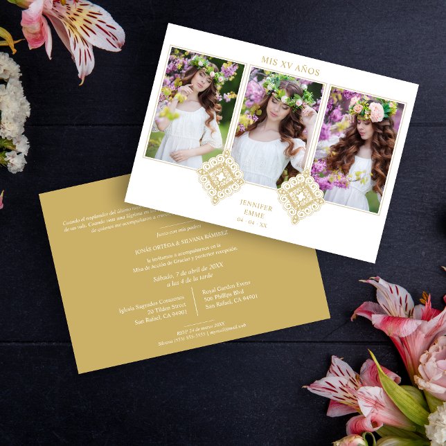 Convite  Spanish Cute Luxurious Flourish Gold Ornament (Spanish Cute Luxurious Flourish Gold Ornament XV Años Invitation Card.)