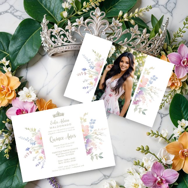 Convite Spanish Delicate Spring Quinceañera Soft Floral (Spanish Delicate Spring Quinceañera Soft Watercolors Effect & Floral Accents Invitations Cards.)