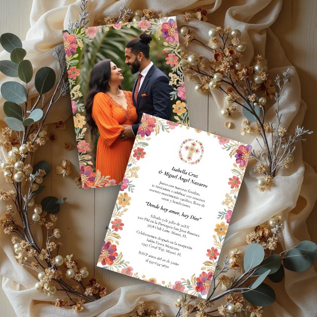 Convite Spanish Elegant Floral Garland Traditional Mexican (Spanish Elegant Floral Garland Traditional Mexican Embroidery Inspired Wedding Invitation Cards.)