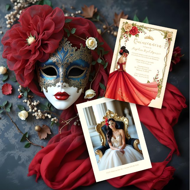 Convite Spanish Exquisite Chic Quinceañera Masquerade Ball (Spanish Exquisite Elegant Quinceañera Masquerade Ball Golden Effect Invitation Cards.)