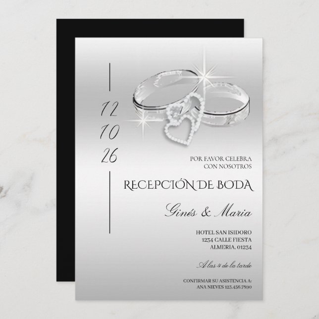 Convite Spanish Glitzy Silver Wedding Rings Reception (Frente/Verso)
