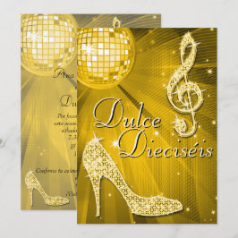 Convite Spanish Gold Disco Ball & Sparkle Heels Sweet 16