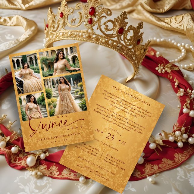 Convite Spanish Golden & Dark Red Trendy XVs Collage 4  (Spanish Golden & Dark Red Trendy Quinceañera Collage 4 Multi Photos Invitations Cards. )
