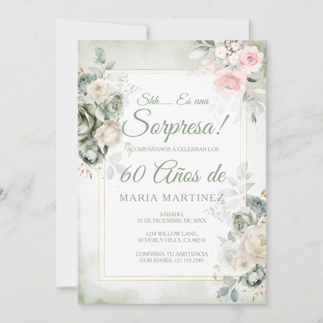 Convite Spanish Green Floral Sorpresa 60 Años Birthday (Frente)