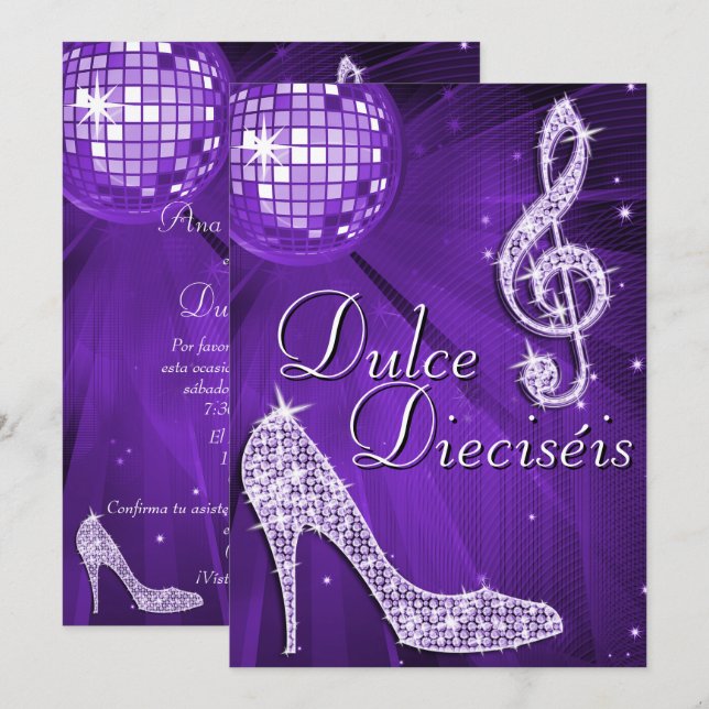 Convite Spanish Lilac Disco Ball & Sparkle Heels Sweet 16 (Frente/Verso)
