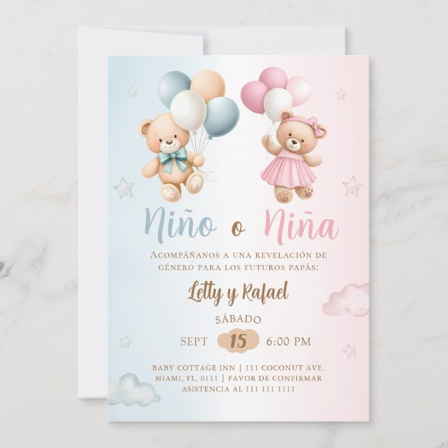Convite Spanish Nino o Nina Teddy Bear Gender Reveal (Frente)