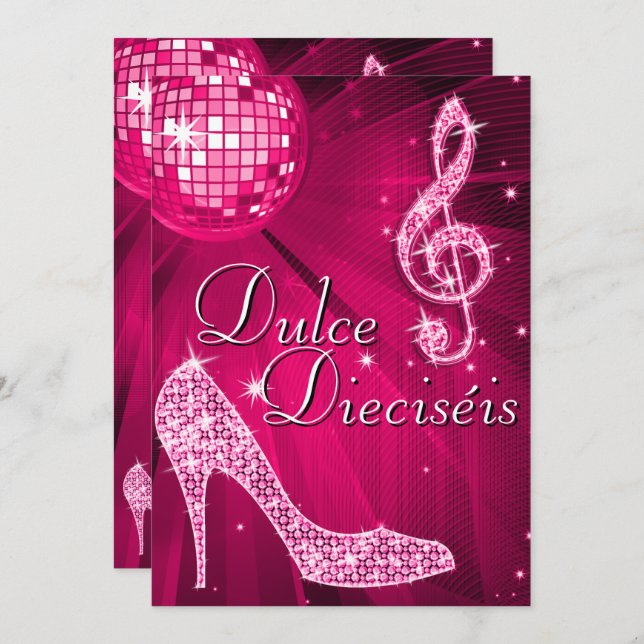 Convite Spanish Pink Disco Ball & Sparkle Heels Sweet 16 (Frente/Verso)