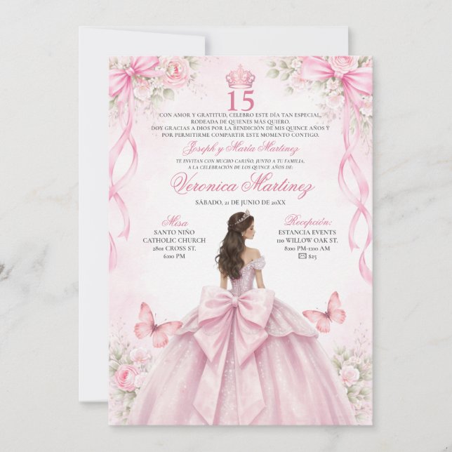 Convite Spanish Quinceañera Blush Pink 15 Años Princess (Frente)