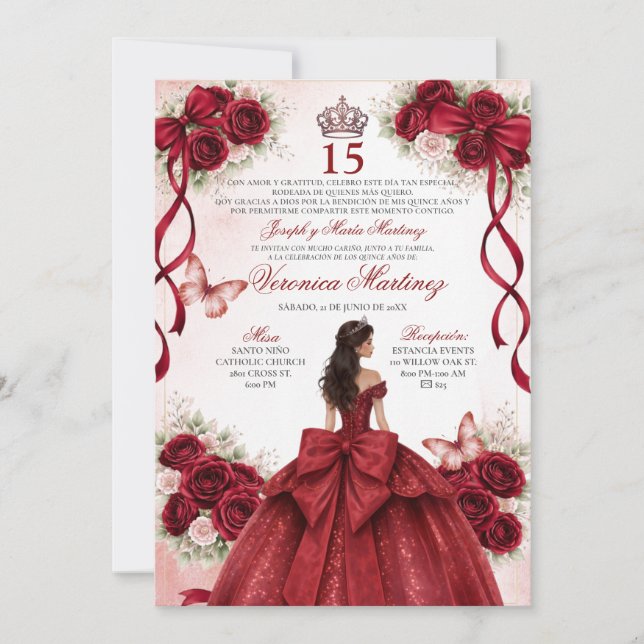 Convite Spanish Quinceañera Burgundy Red 15 Años Princess (Frente)