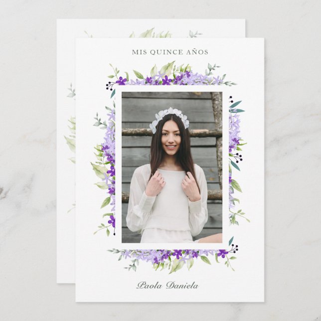 Convite Spanish Quinceañera Photo Flower Branches (Frente/Verso)