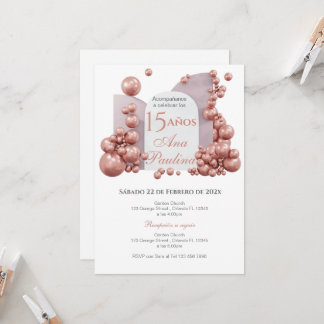 Convite Spanish Quinceañera Pink Balloons Invitation