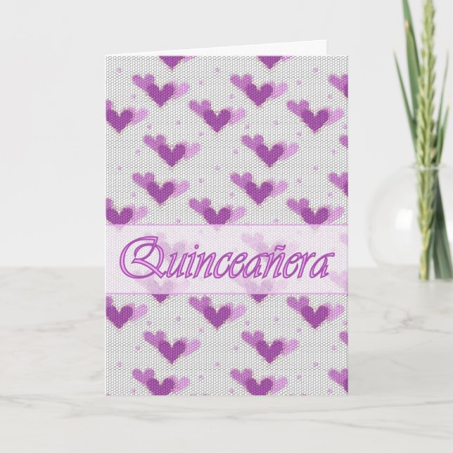 Convite Spanish Quinceanera Pink Purple Hearts Card (Frente)