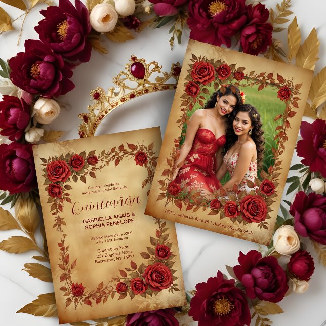 Convite Spanish Quinceañeras Vintage Romantic Photo (Spanish Quinceañeras Vintage Romantic Photo Red Roses Frame and Gold Shades Invitations Cards.)