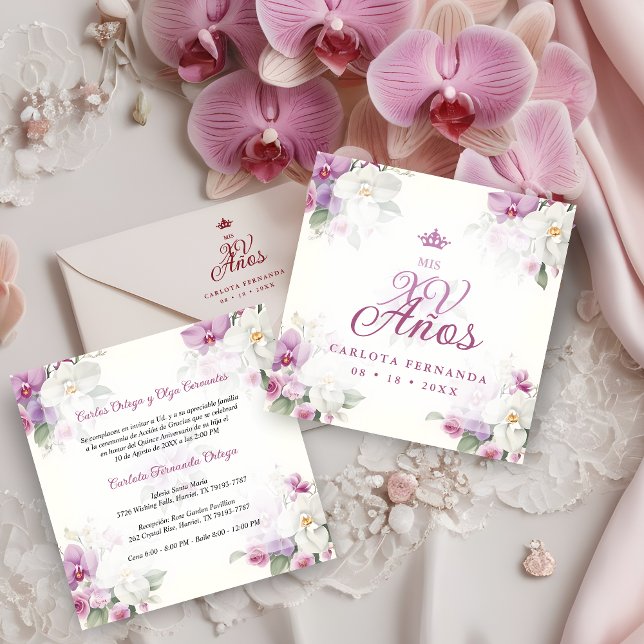 Convite Spanish Romantic Mis XV Floral Orchids Bouquets (Spanish Romantic Exquisite Floral Orchids Bouquets Mis XV Años Invitation Card. )