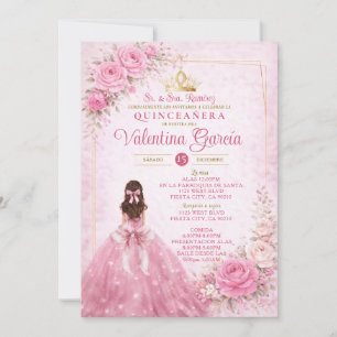 Convite Spanish Rosa Floral Quinceañera Bege Princesa