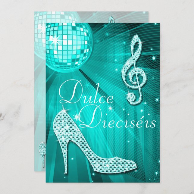 Convite Spanish Teal Disco Ball and Sparkle Heels Sweet 16 (Frente/Verso)
