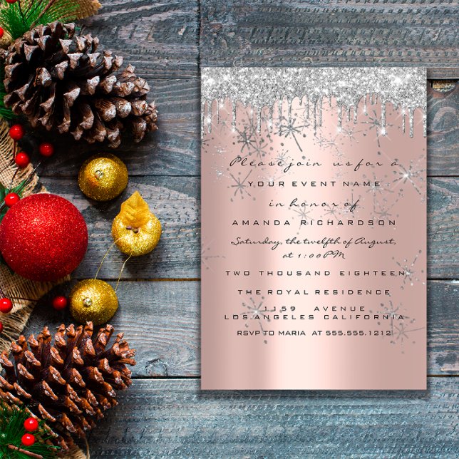 Convite Spark Brilho Rosa Prata Lux Noiva Doce 16º (Spark Glitter Rose Silver Lux Bridal Sweet 16th Invitation)