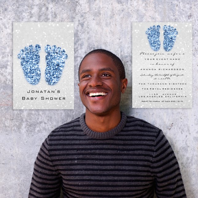 Convite Spark Glitter Chá de fraldas Feet Blue Silver Spar (Spark Glitter Baby Shower Feet Blue Silver Spark Invitation)