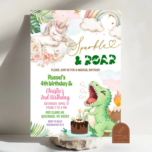 Convite Sparkle And Roar Unicorn Dinosaur Joint Birthday (Criador carregado)