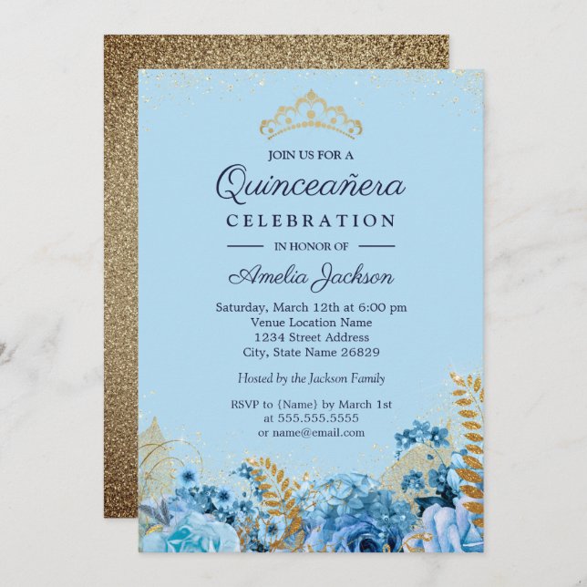 Convite Sparkle Blue Glitter floral Quinceanera 15 (Frente/Verso)