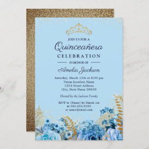 Convite Sparkle Blue Glitter floral Quinceanera 15