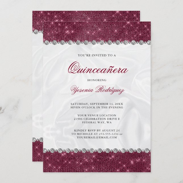 Convite Sparkle Burgundy Glitter Glam Diamond Quinceañera (Frente/Verso)
