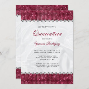 Convite Sparkle Burgundy Glitter Glam Diamond Quinceañera