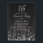 Convite Sparkle Diamond Black prata Sweet 16 Invite<br><div class="desc">Design de madeira rustica elegante com diamantes de queda e brilho 16. Mais cores disponíveis na loja Little Bayleigh!</div>