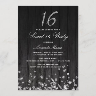 Convite Sparkle Diamond Black prata Sweet 16 Invite