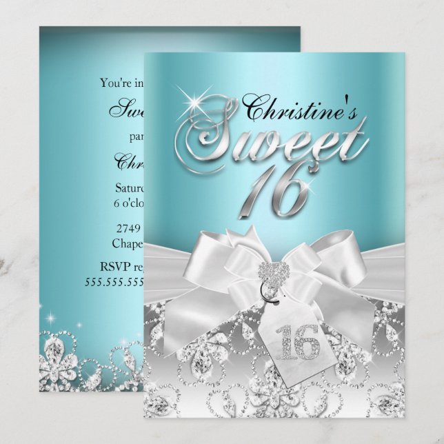 Convite Sparkle Diamond Bow Azul Sweet 16 (Frente/Verso)