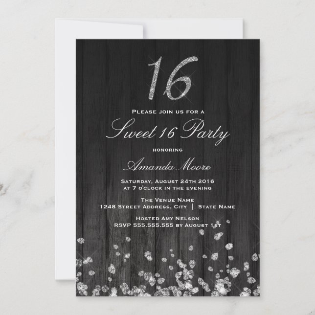 Convite Sparkle Diamond preto prata Sweet 16 (Frente)