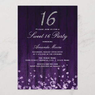 Convite Sparkle Diamond Purple Silver Sweet 16 Invite