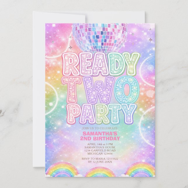 Convite Sparkle Disco Ball Pastel Rainbow Second Birthday  (Frente)