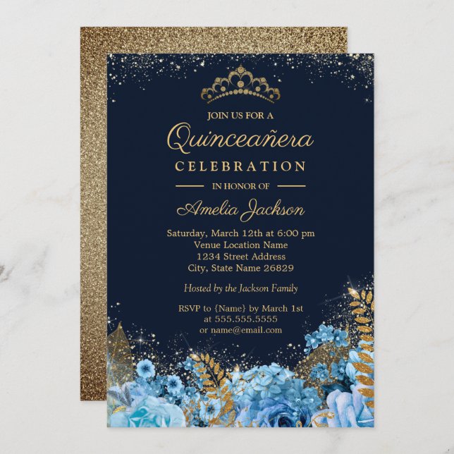 Convite Sparkle Dourado Blue Glitter floral Quinceanera 15 (Frente/Verso)