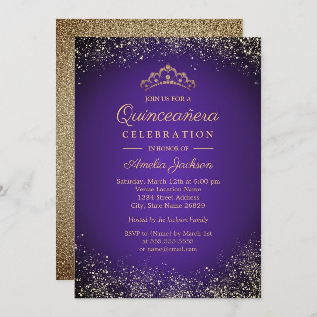 Convite Sparkle Dourado Roxo Glitter Quinceanera 15 (Frente/Verso)