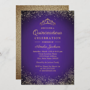 Convite Sparkle Dourado Roxo Glitter Quinceanera 15