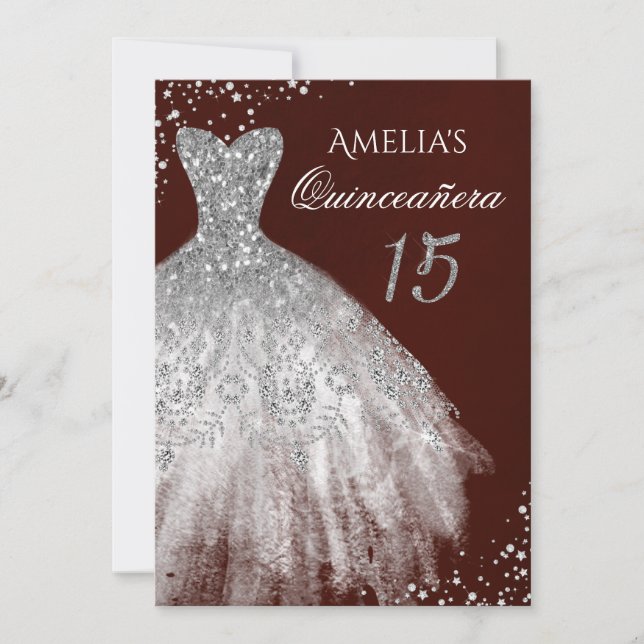 Convite Sparkle Dress Burgundy Silver Quinceanera (Frente)