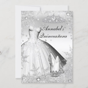 Convite Sparkle Dress e Tiara Silver Quinceanera Convide