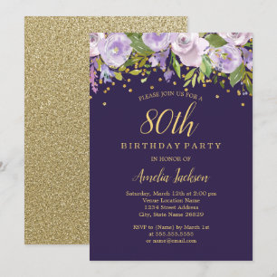 Convite Sparkle Floral Purple Dourado 80 de Aniversário Co