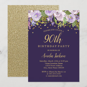 Convite Sparkle Floral Purple Dourado 90 de Aniversário Co