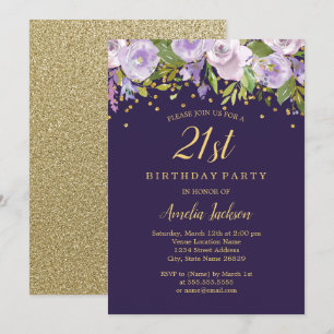Convite Sparkle Floral Purple Dourado aniversário de 21 an
